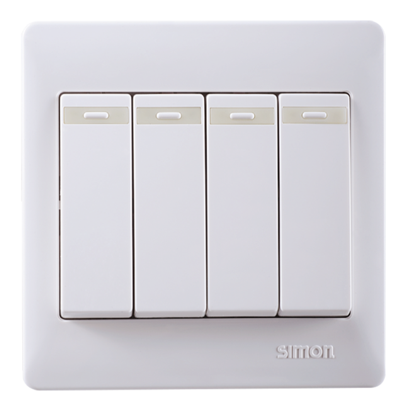Bộ công tắc bốn, 2 chiều có dải phản quang chuẩn vuông màu trắng Simon 50 51042BTY