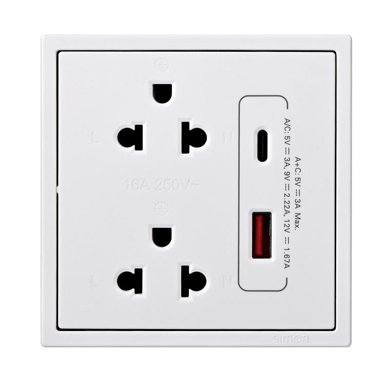 Bộ ổ cắm đôi chuẩn Âu Mỹ kèm cổng sạc A+ Type C màu trắng Simon S6 58E7251