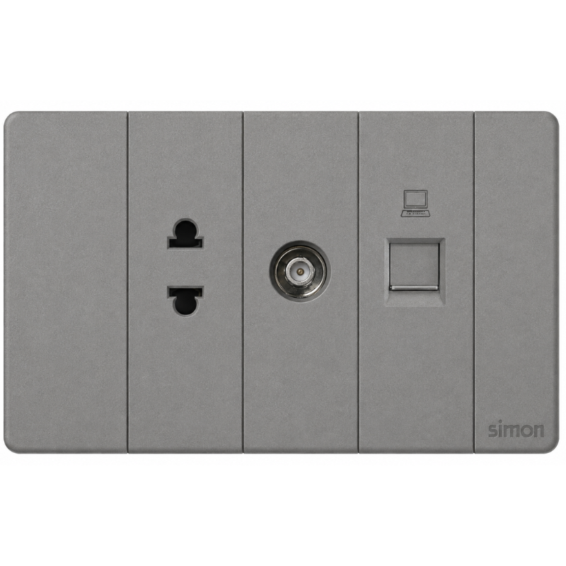 Simon K9 - Bộ ổ cắm đơn 2 chấu + ổ cắm hạt TV + hạt mạng CAT 6 (grey) 595302-61
