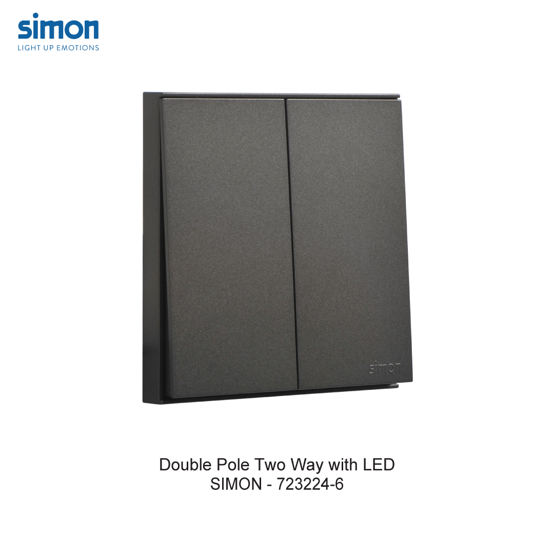 Bộ Công tắc đơn 32A, 2 chiều, 2 cực có đèn LED mặt vuông màu Xám (Grey) Simon E6 723224-61