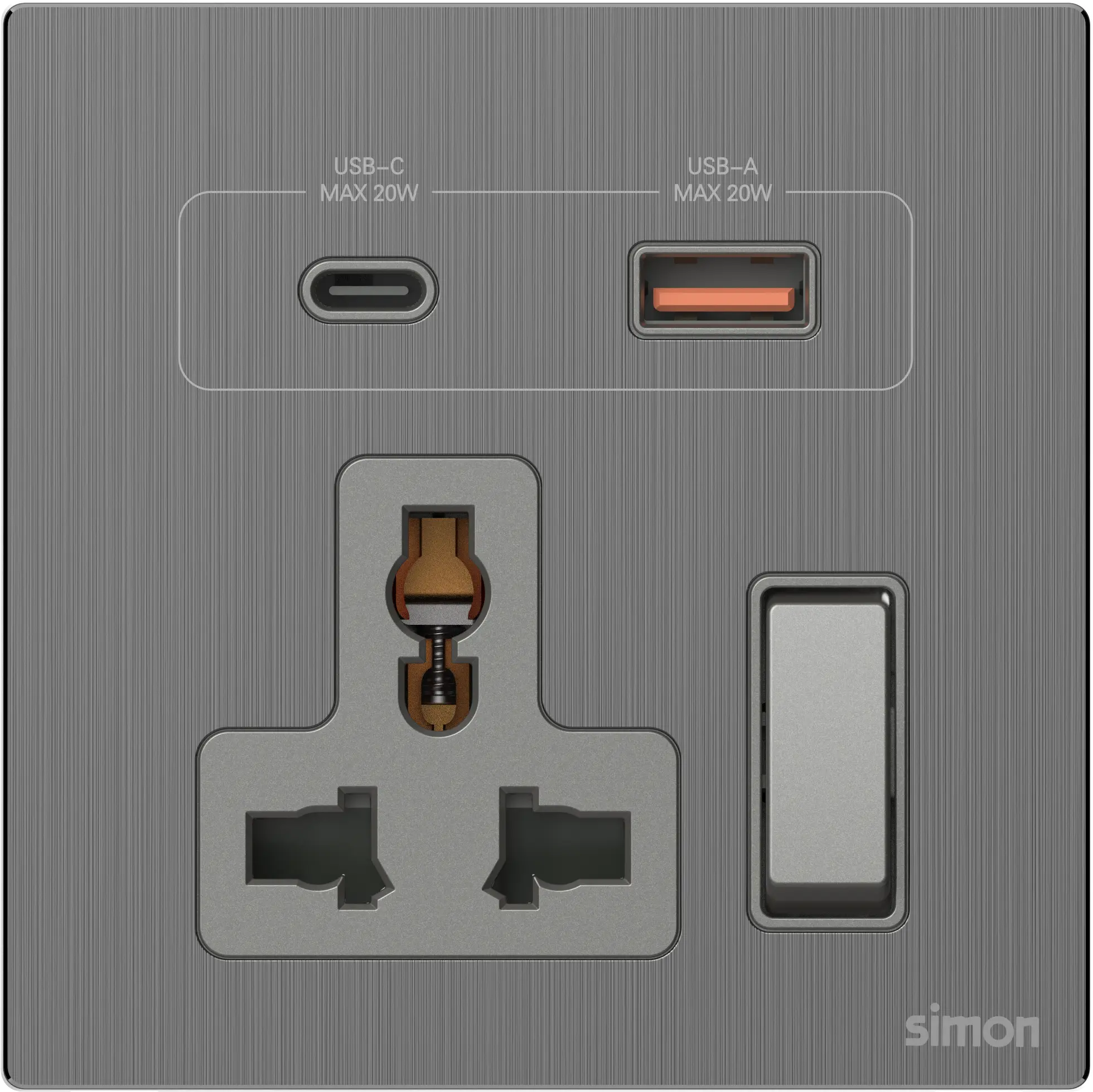 M7 Metal- Bộ ổ cắm đa năng kèm USB và A+C (Brushed Grey) Simon M7 66E7253M-2B