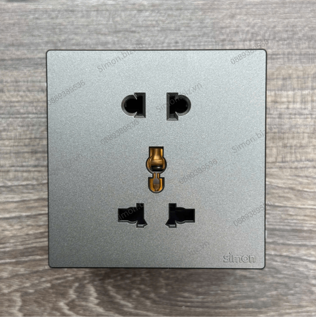 Bộ ổ cắm 3 chấu đa năng và ổ cắm 2 chấu thường chuẩn vuông màu Xám (grey) Simon S6 581080V-61