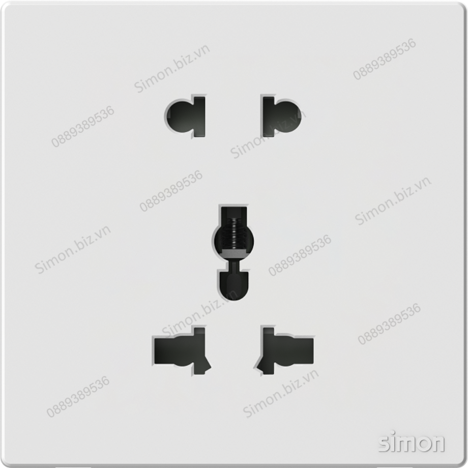 Bộ ổ cắm 3 chấu đa năng và ổ cắm 2 chấu thường chuẩn vuông màu trắng Simon S6 581080V