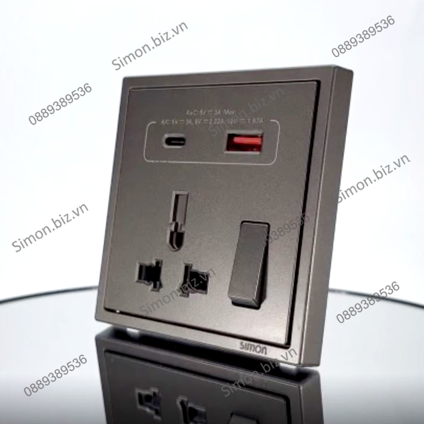 Ổ cắm đa năng kèm ổ sạc USB Type C và công tắc ổ cắm màu Xám Simon i7 70E7253-61