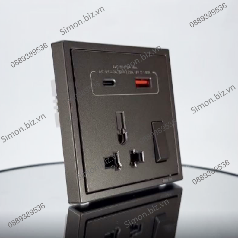 Ổ cắm đa năng kèm ổ sạc USB Type C và công tắc ổ cắm màu Xám Simon i7 70E7253-61