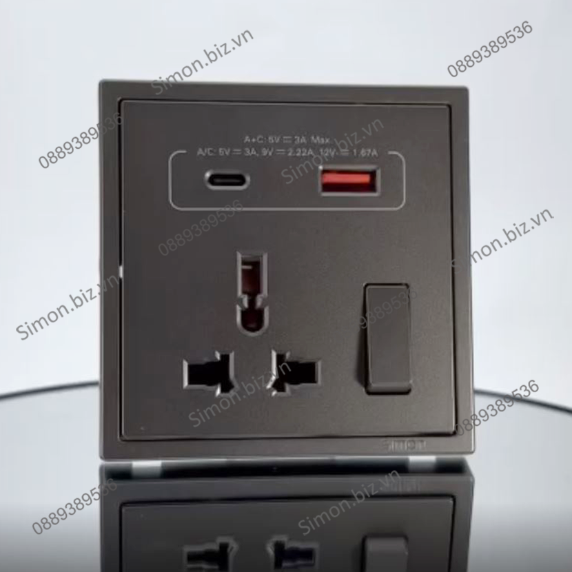 Ổ cắm đa năng kèm ổ sạc USB Type C và công tắc ổ cắm màu Xám Simon i7 70E7253-61