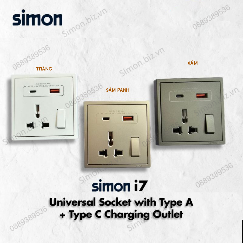 Ổ cắm đa năng kèm công tắc sạc USB Type C và công tắc ổ cắm màu Sâm Panh Simon i7 70E7253-46