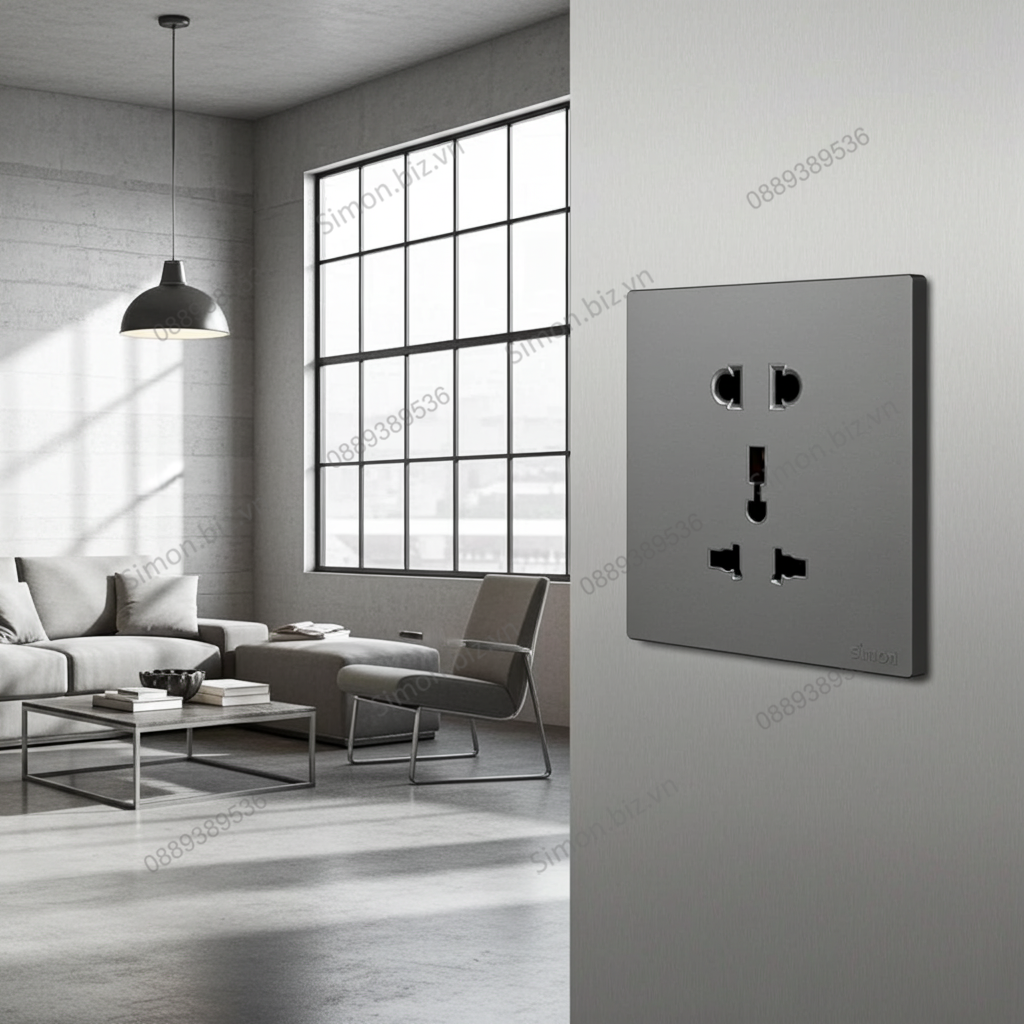 Bộ ổ cắm 3 chấu đa năng và ổ cắm 2 chấu thường chuẩn vuông màu Xám (grey) Simon S6 581080V-61