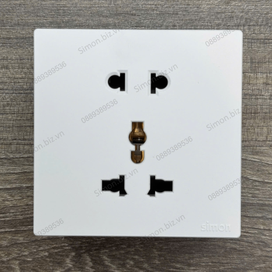 Bộ ổ cắm 3 chấu đa năng và ổ cắm 2 chấu thường chuẩn vuông màu trắng Simon S6 581080V