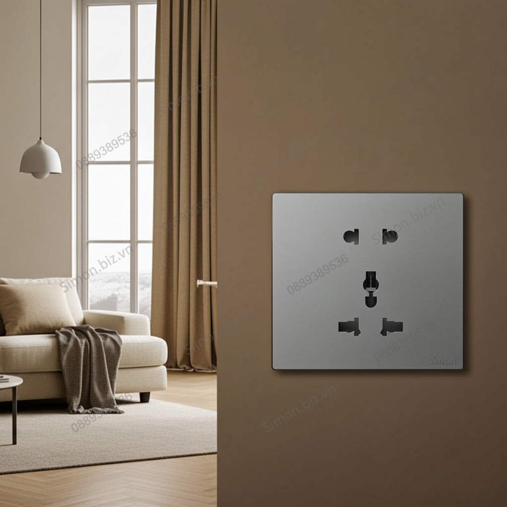 Bộ ổ cắm 3 chấu đa năng và ổ cắm 2 chấu thường chuẩn vuông màu Xám (grey) Simon S6 581080V-61
