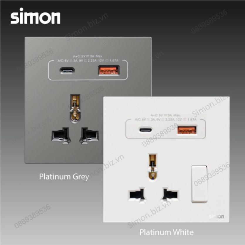 Bộ ổ cắm đa tiêu chuẩn có công tắc và cổng sạc A+ Type C màu Xám (Grey) Simon S6 58E7253-61