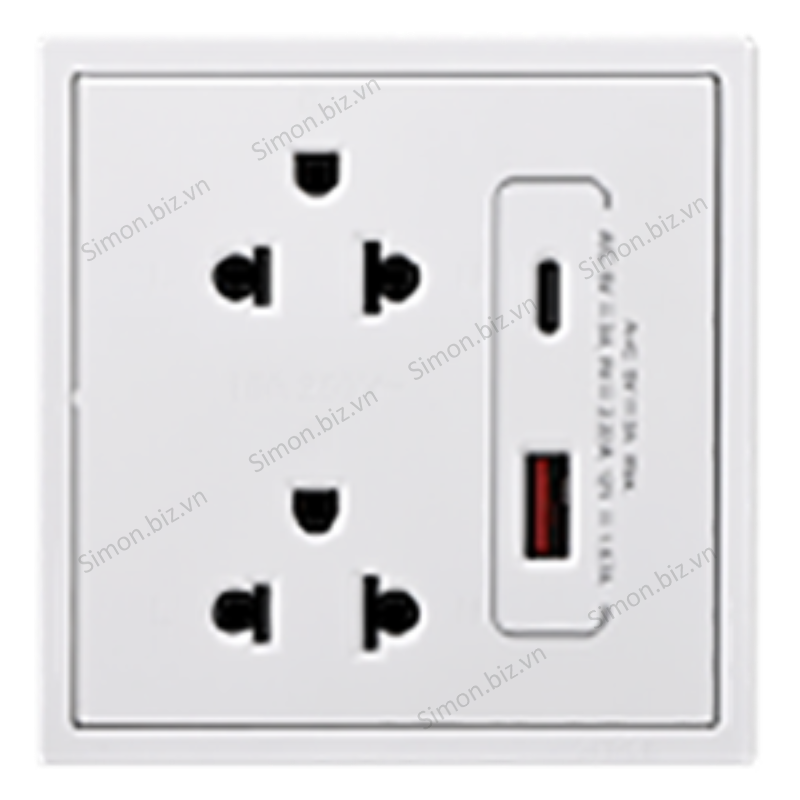 Bộ ổ cắm đôi 3 chấu chuẩn Âu Mỹ kèm ổ USB và Cổng sạc A+C màu trắng Simon i7 71E7251