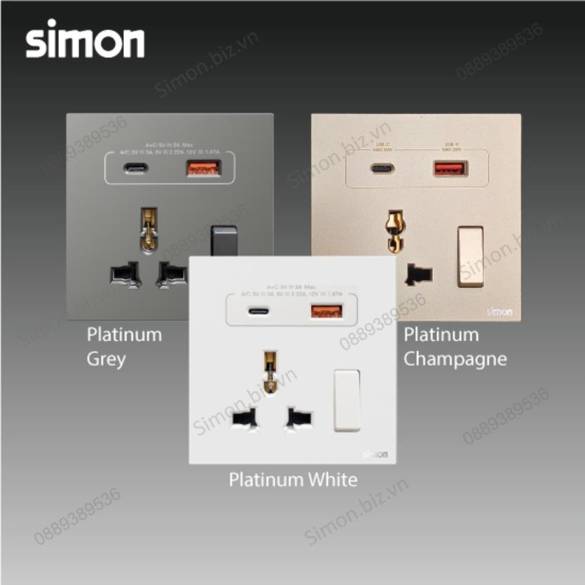 Bộ ổ cắm đa tiêu chuẩn có công tắc và cổng sạc A+ Type C màu Xám (Grey) Simon S6 58E7253-61