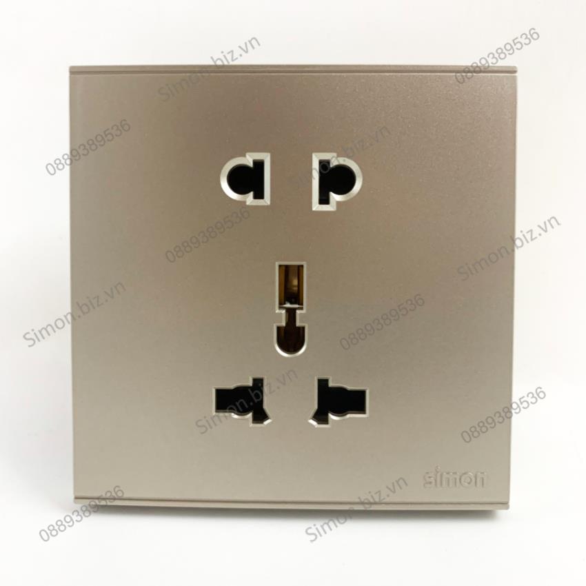Bộ Ổ cắm 3 chấu đa tiêu chuẩn 10A và ổ cắm 2 chấu chuẩn vuông màu Sâm Panh (Champagne) Simon E6 721080-46