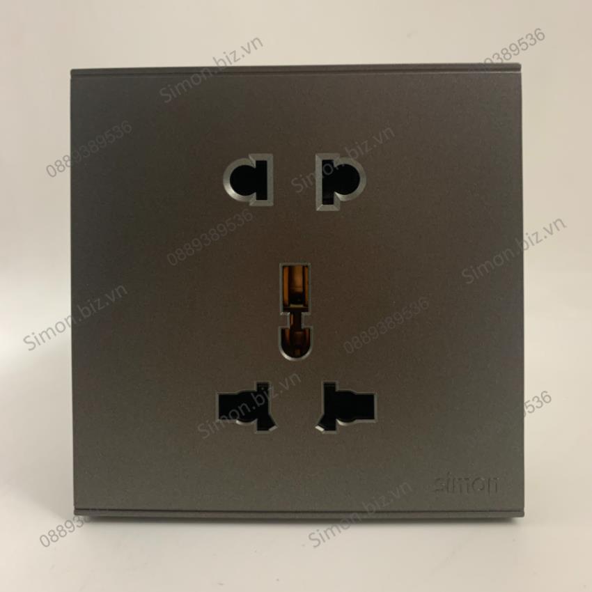 Bộ Ổ cắm 3 chấu đa tiêu chuẩn 10A và ổ cắm 2 chấu dùng cho chấu tròn&dẹt mặt vuông màu Xám (Grey) Simon E6 721080-61