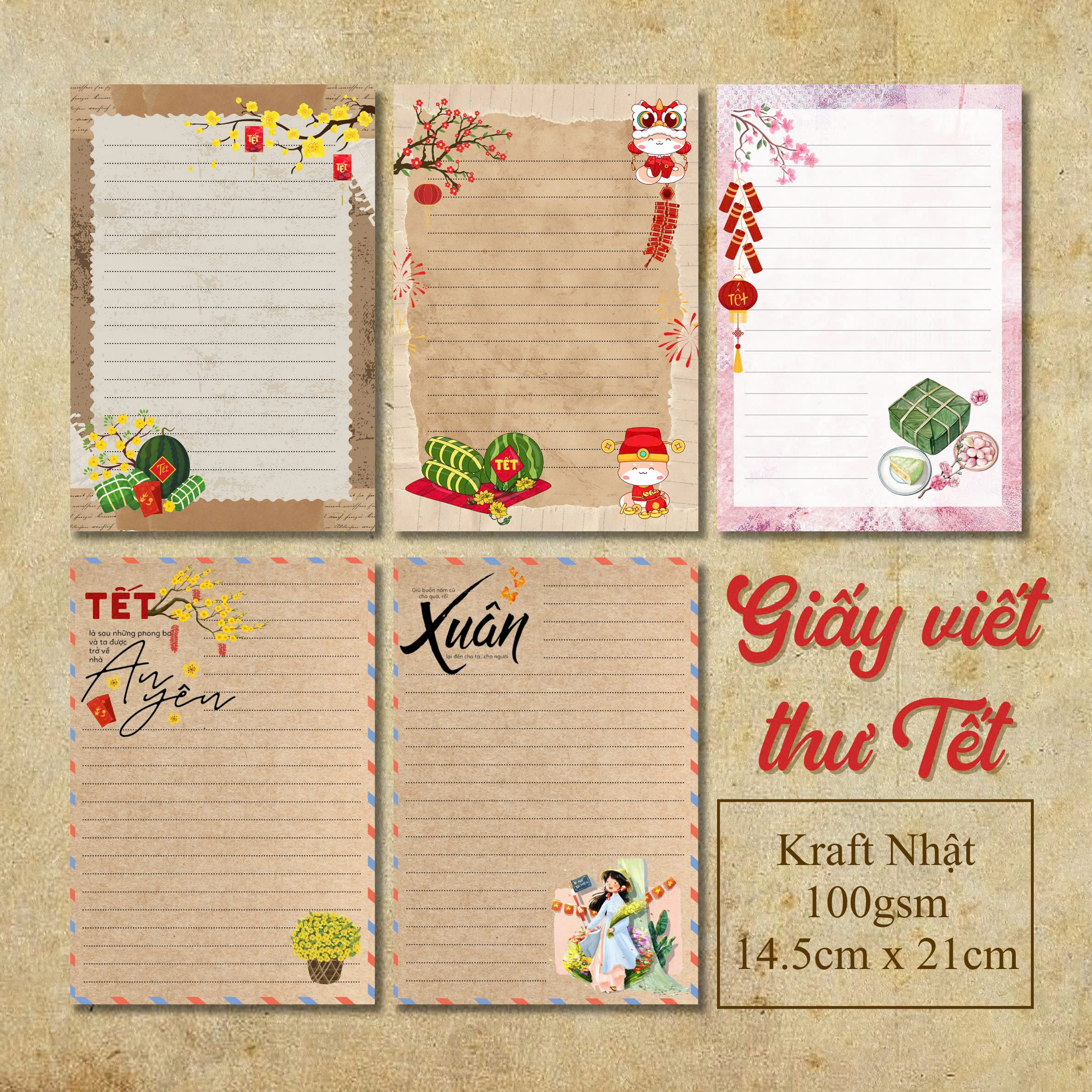 SET 5 GIẤY KRAFT VIẾT THƯ A5 CHỦ ĐỀ TẾT T.CRAFT HOUSE