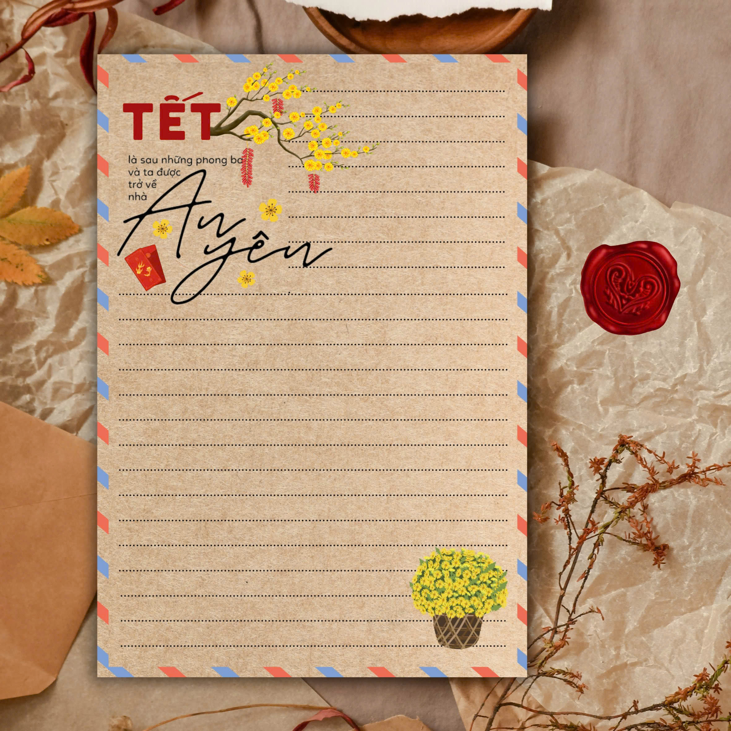 SET 5 GIẤY KRAFT VIẾT THƯ A5 CHỦ ĐỀ TẾT T.CRAFT HOUSE