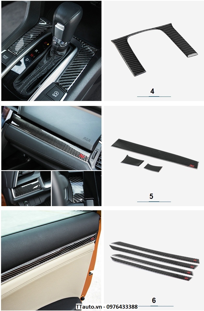 Trang trí nội thất bằng sợi carbon dẻo kiểu Si cho Civic 2016-2020