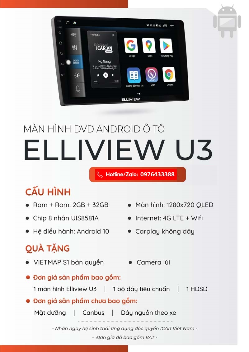 MÀN HÌNH ANDROID ELLIVIEW U3 – HÀNG HIỆU GIÁ BÌNH DÂN