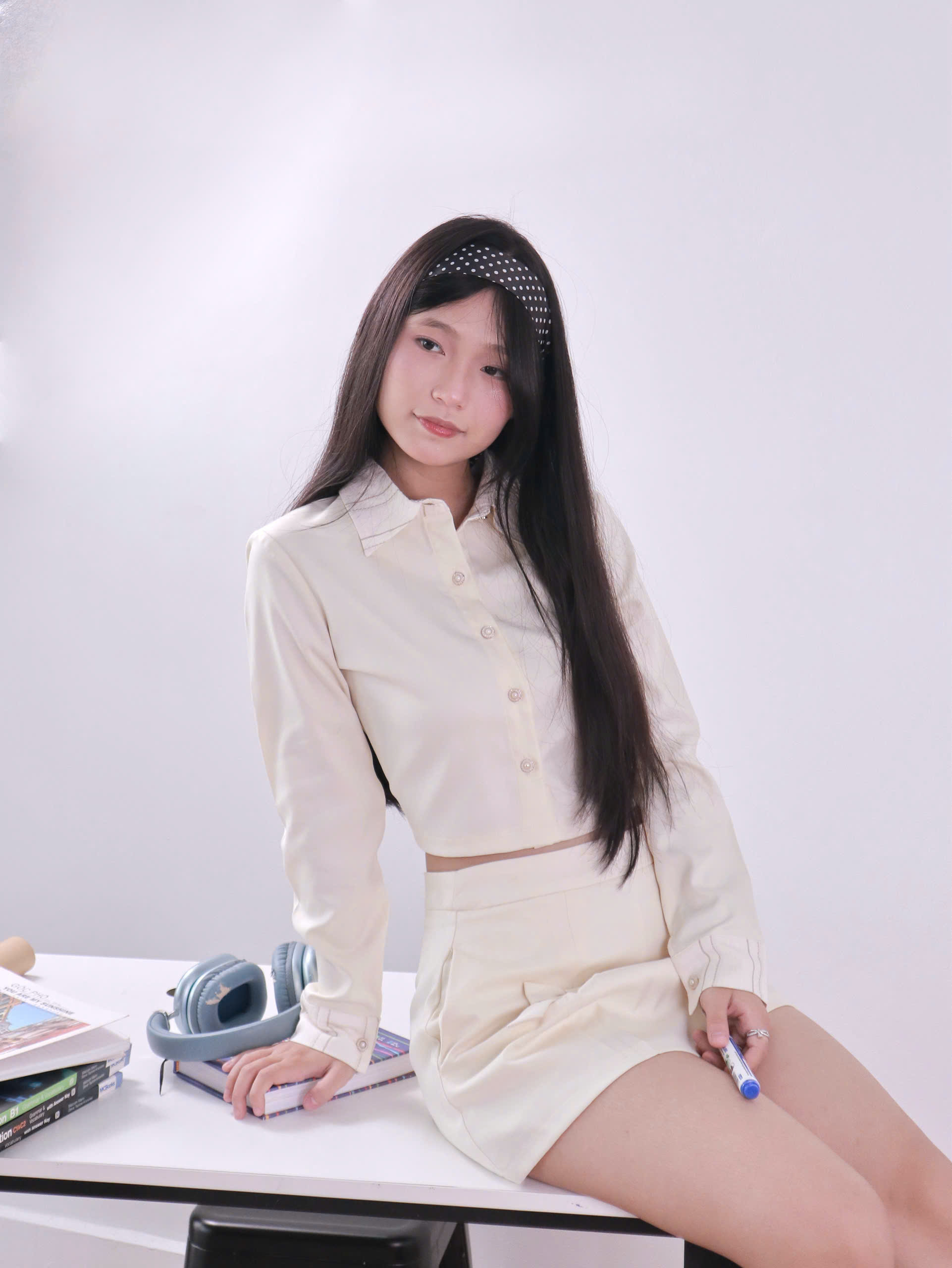 SE2120 - Set áo sơ mi TD kèm váy ngắn đính nơ