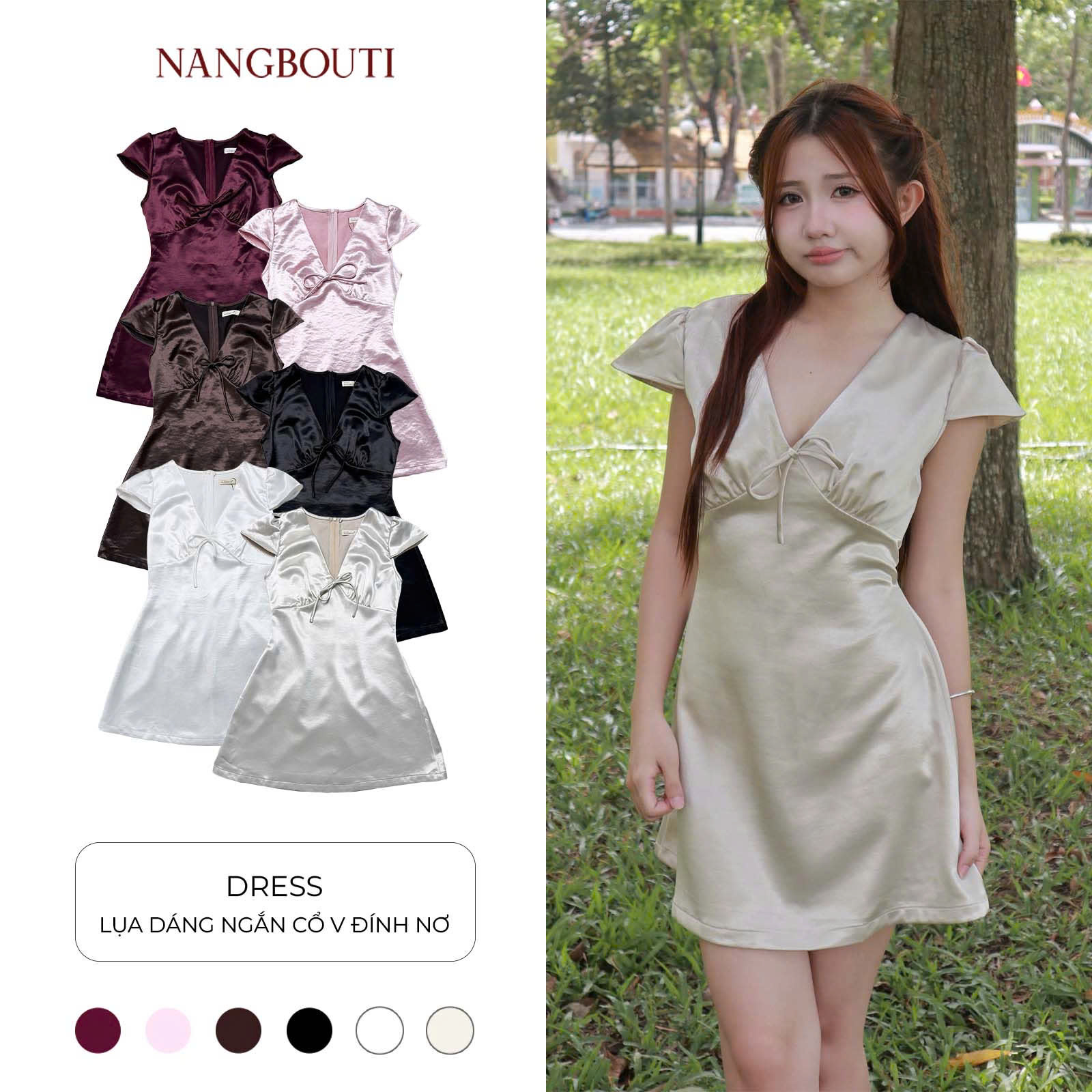 D6290 - Đầm lụa dáng ngắn cổ V đính nơ
