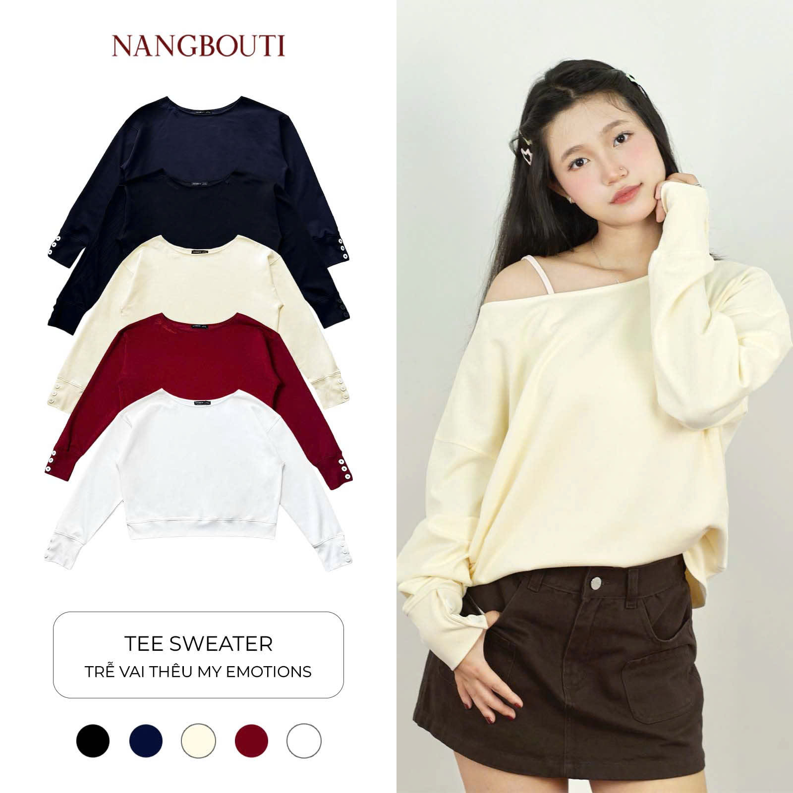 A29968 - Áo sweater thun cotton trễ vai thêu My emotions