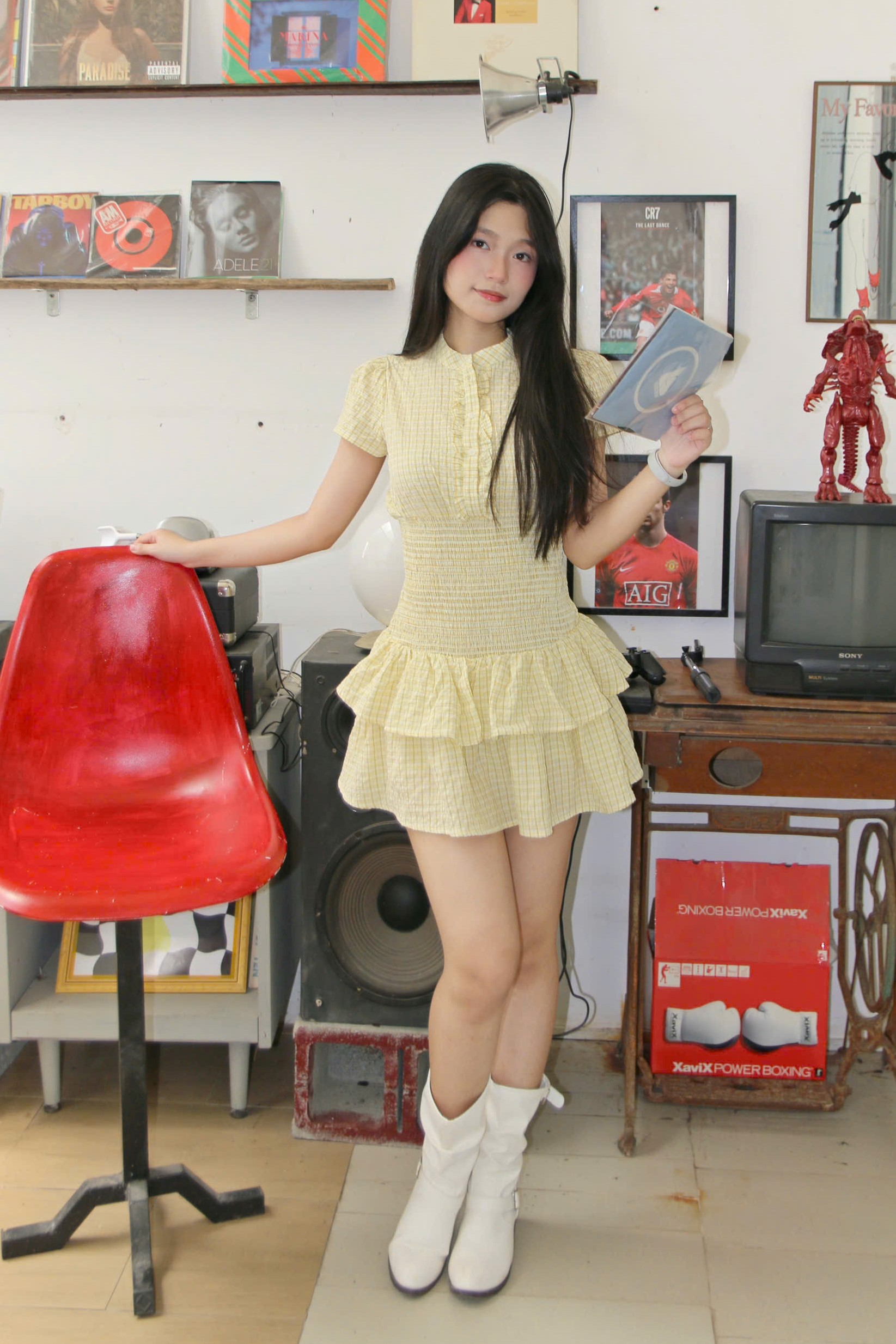 D6288-	Đầm midi caro phối bèo