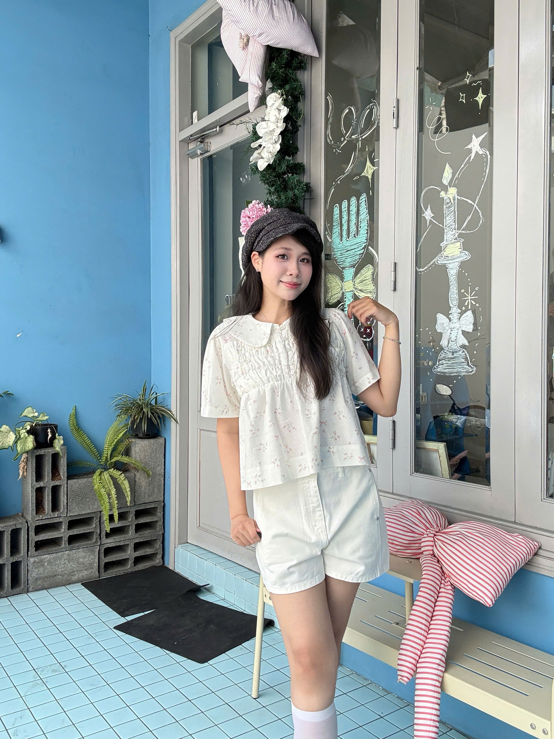 A29650 - A babydoll cổ sen nhún bèo ngực