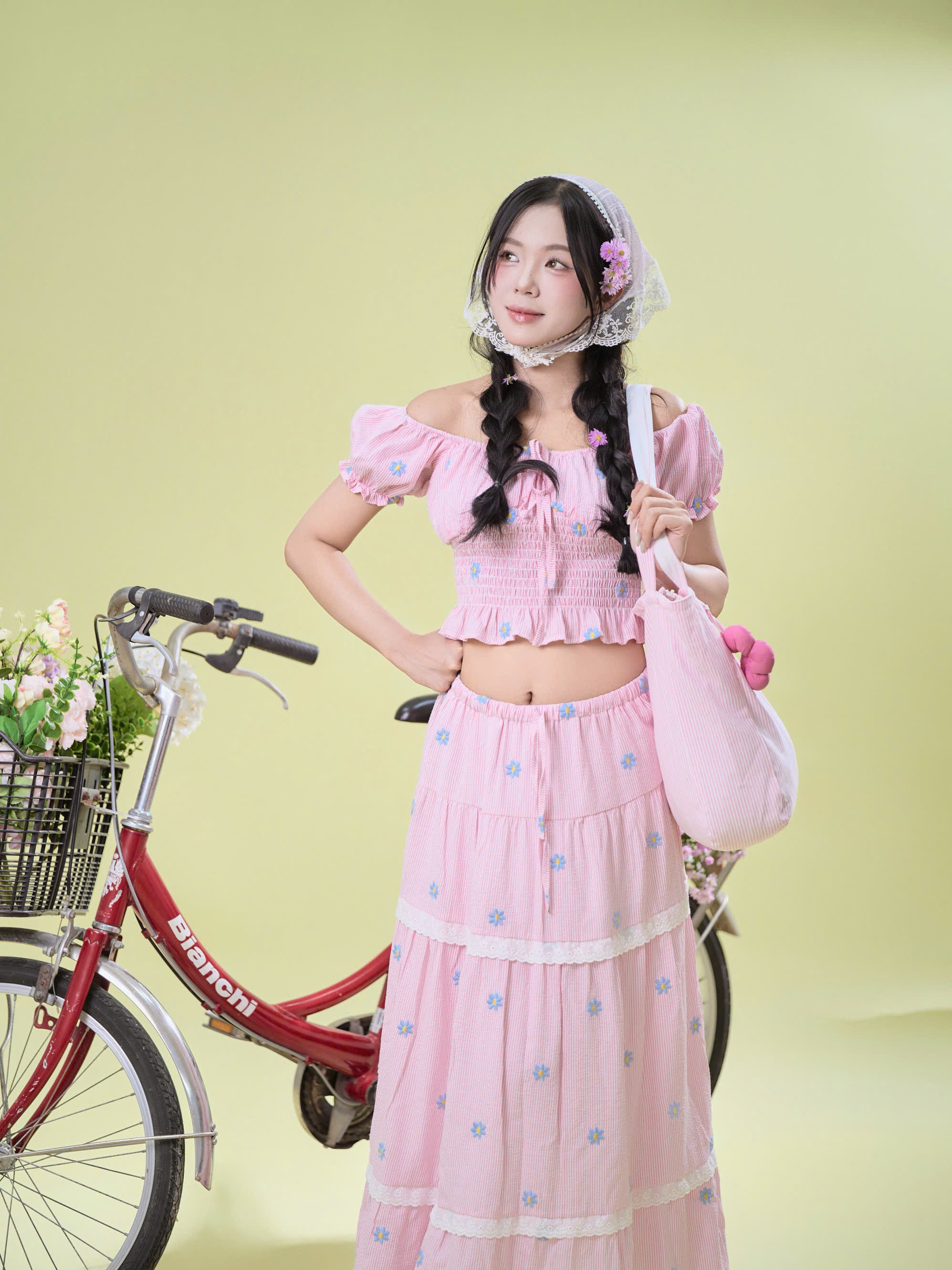 SE2133- SE 2 món Áo kiểu smocking eo kèm chân váy dài tầng