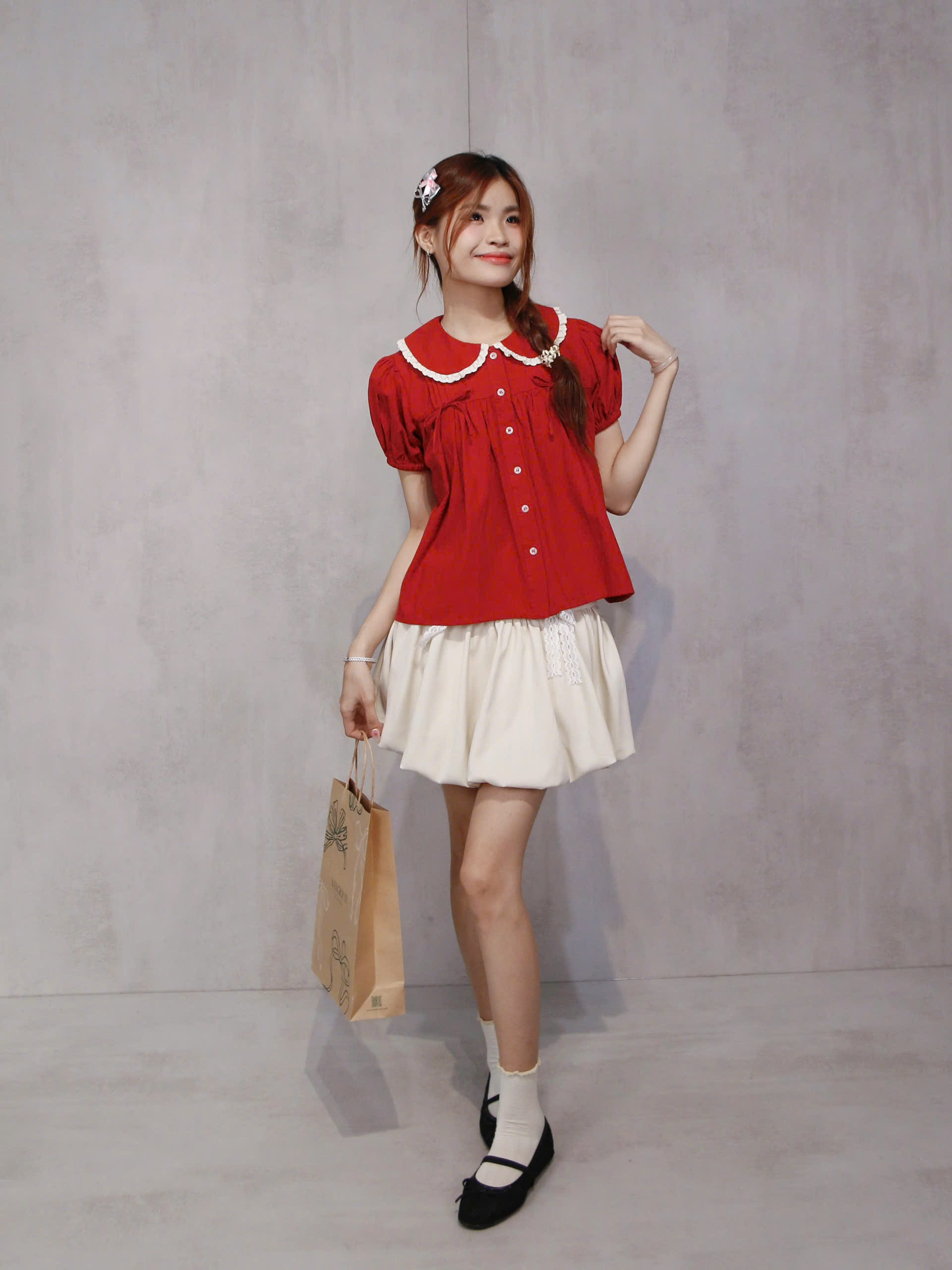 A29187 - A kiểu cổ sen xếp li đính nơ