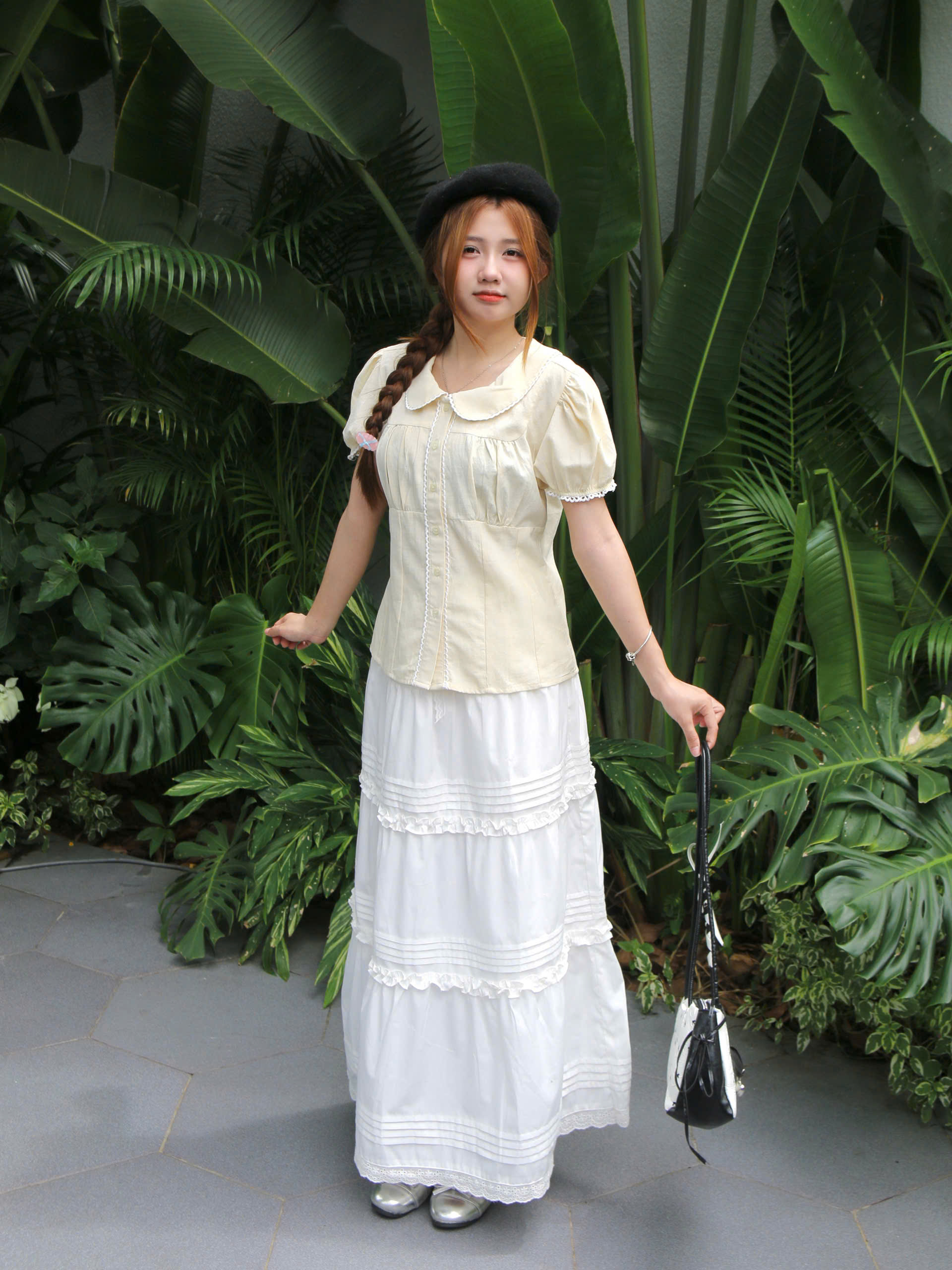 V3989 - V dài bèo xếp li lưng thun phối ren