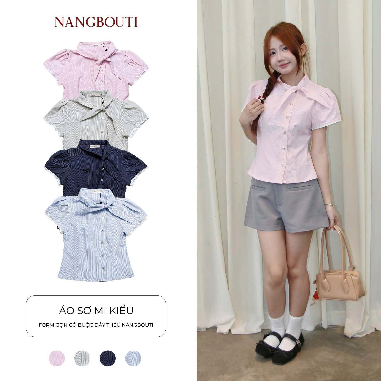 A29957 - Áo sơ mi kiểu form gọn cổ buộc dây thêu Nangbouti