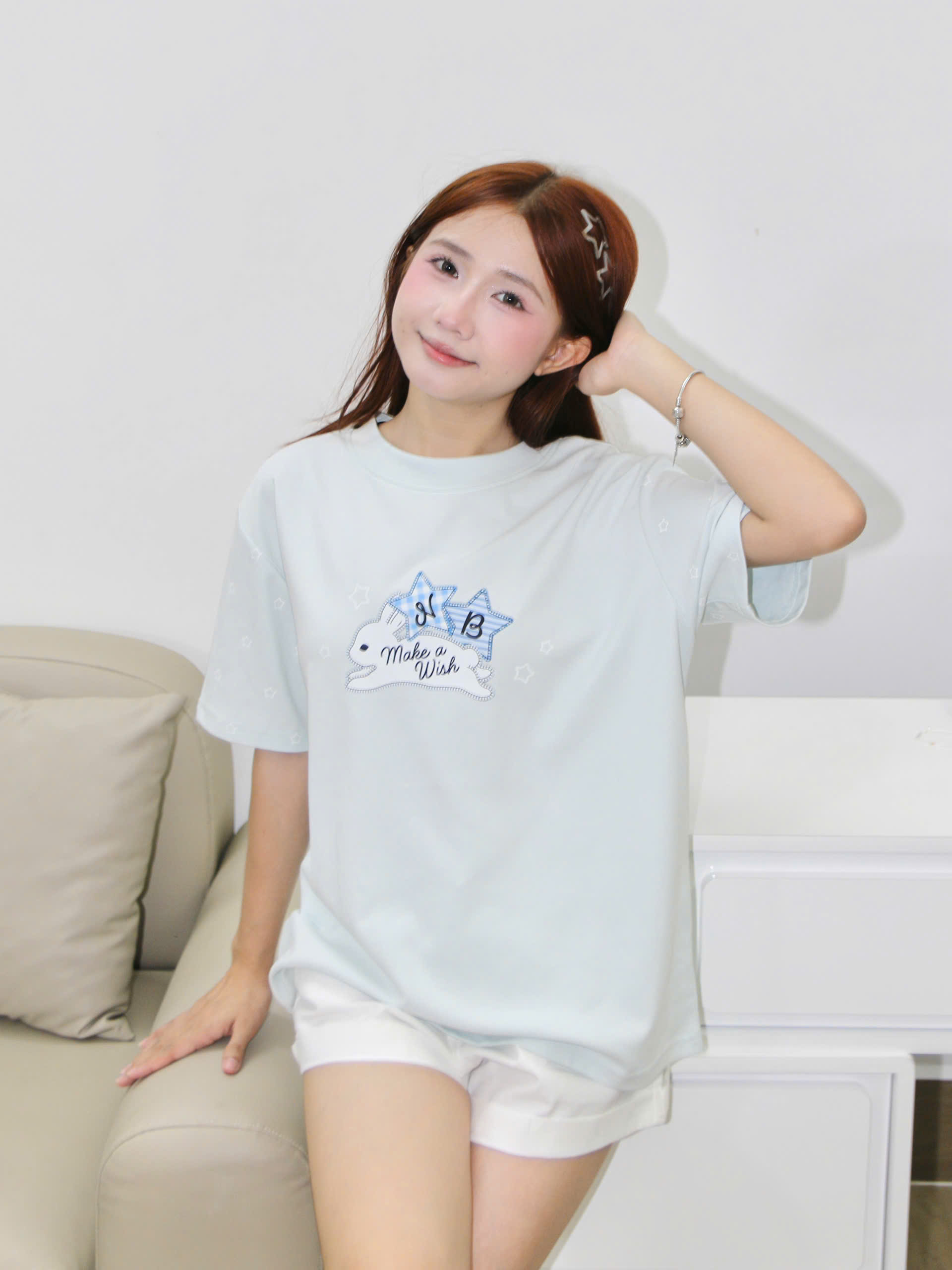A29847- Áo thun gọn cổ tròn in thỏ Make a wish