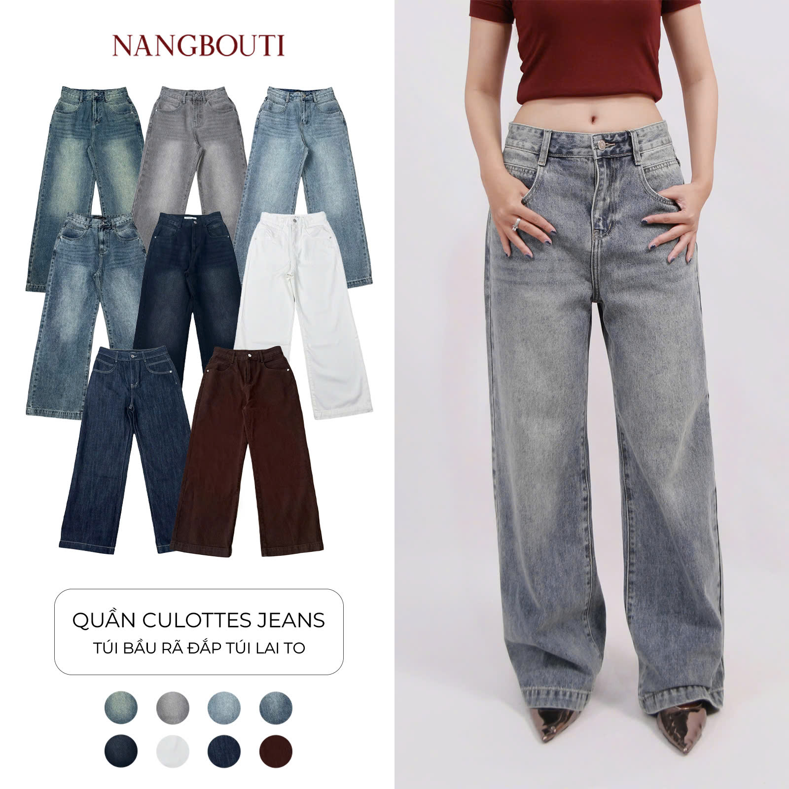 Q9835 - Quần culottes jeans túi bầu rã túi