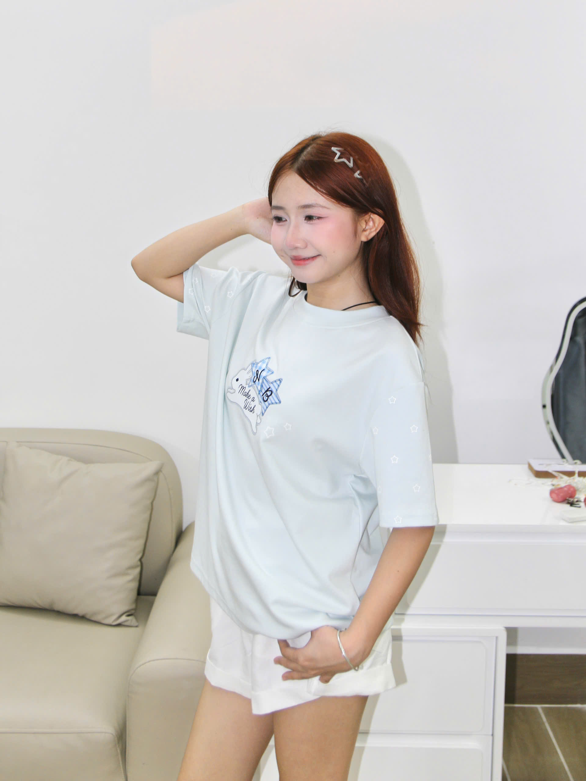 A29847- Áo thun gọn cổ tròn in thỏ Make a wish