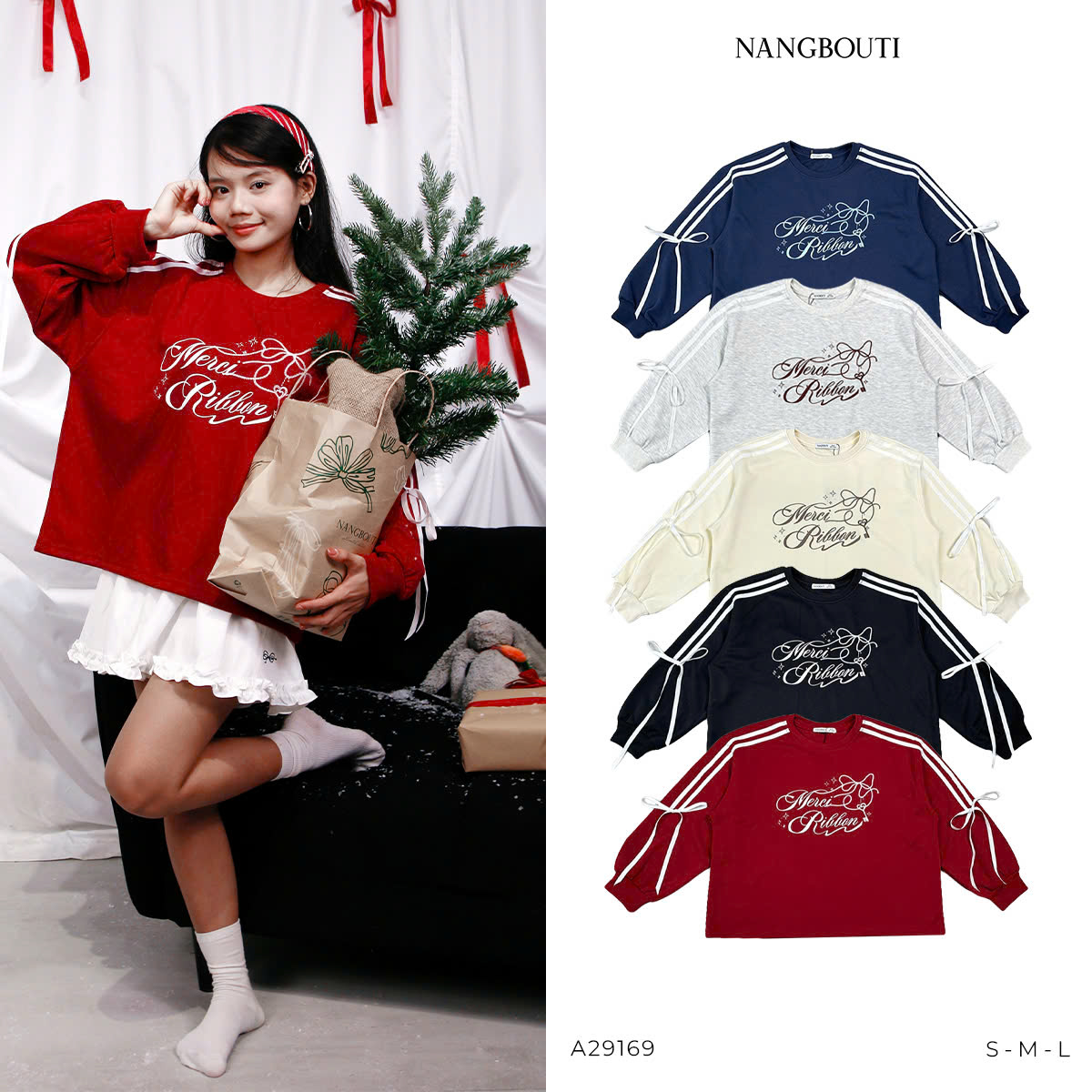 A29169 - A sweater phối ruy băng in thêu Merci Ribbon