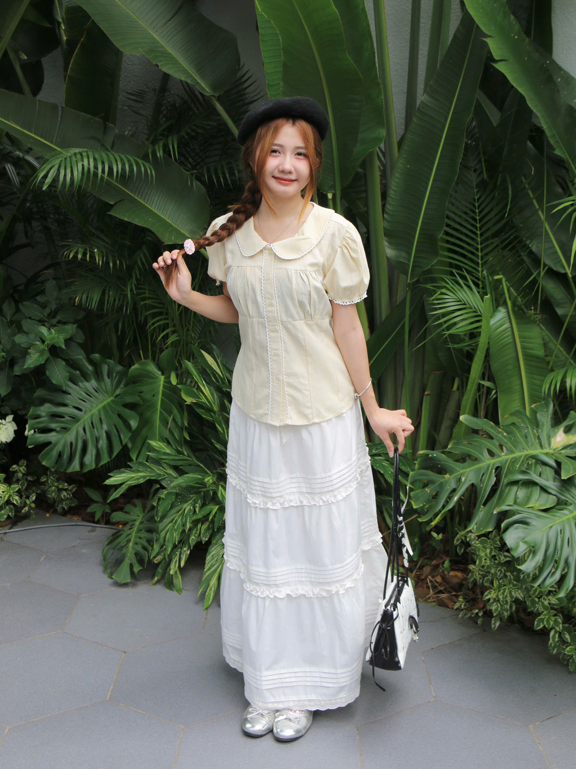 V3989 - V dài bèo xếp li lưng thun phối ren