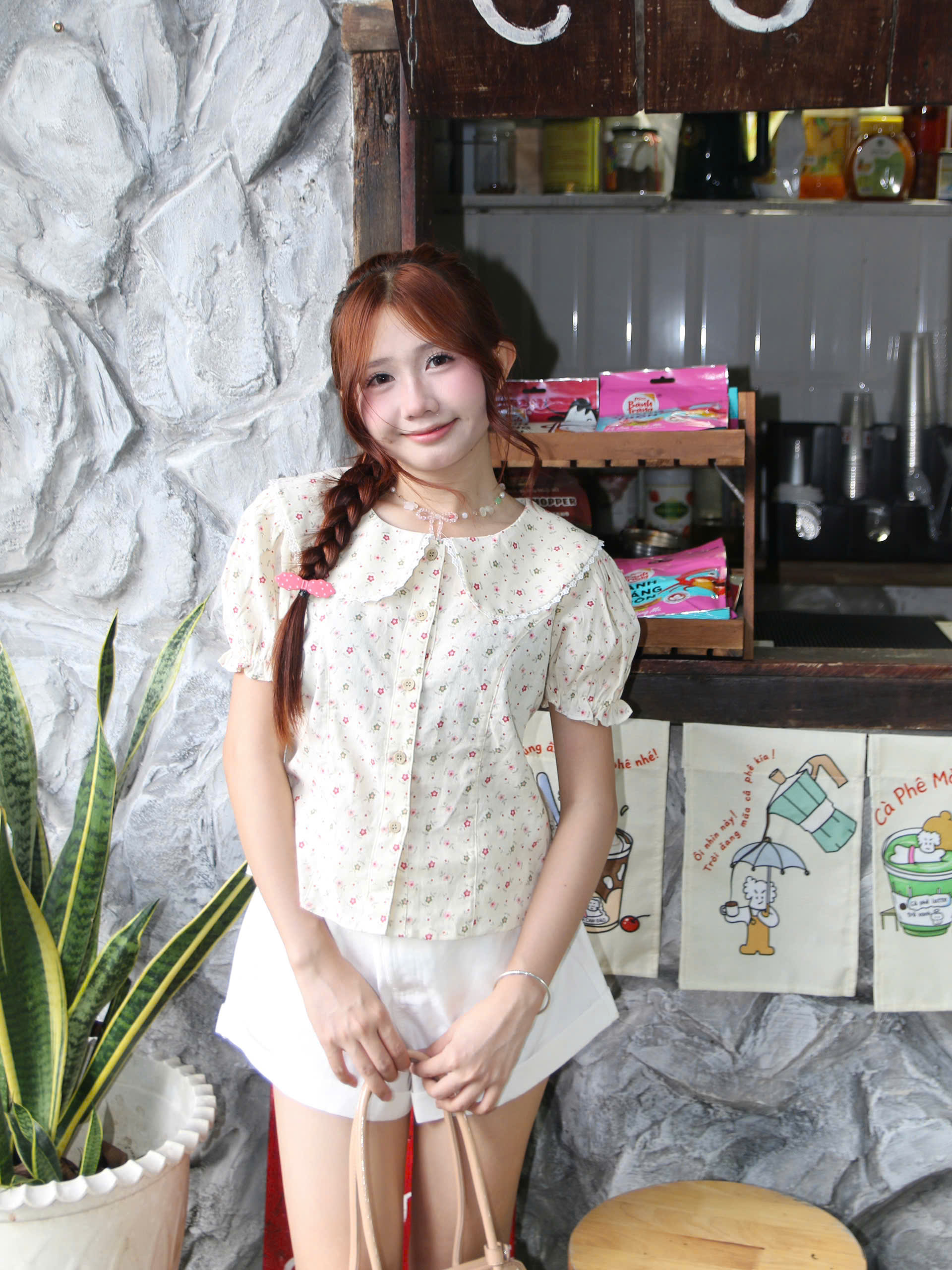A29886- Áo smi kiểu cổ sen phối ren