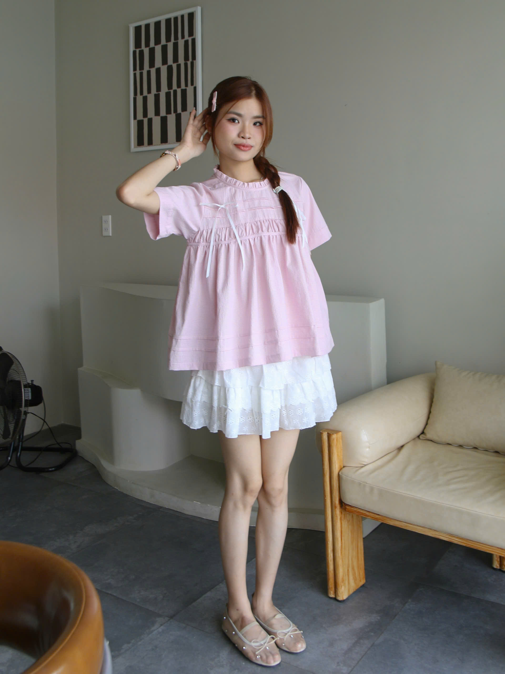 A28392 - A kiểu babydoll xếp li ruy băng