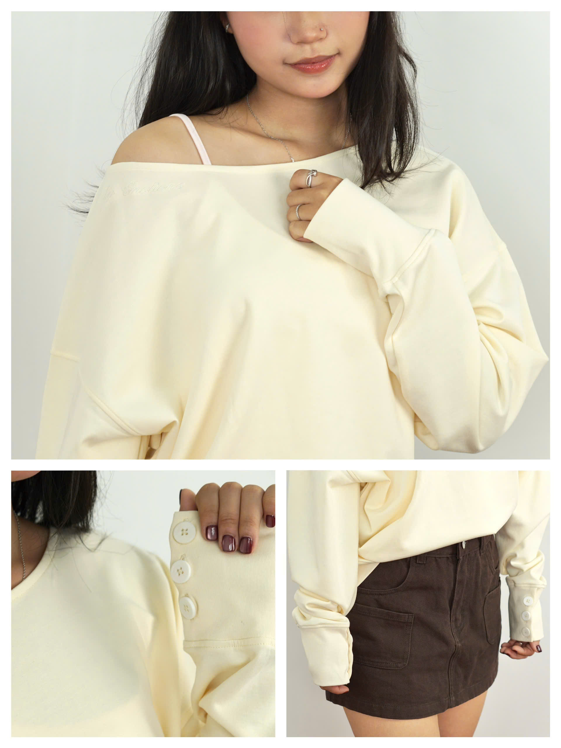 A29968 - Áo sweater thun cotton trễ vai thêu My emotions