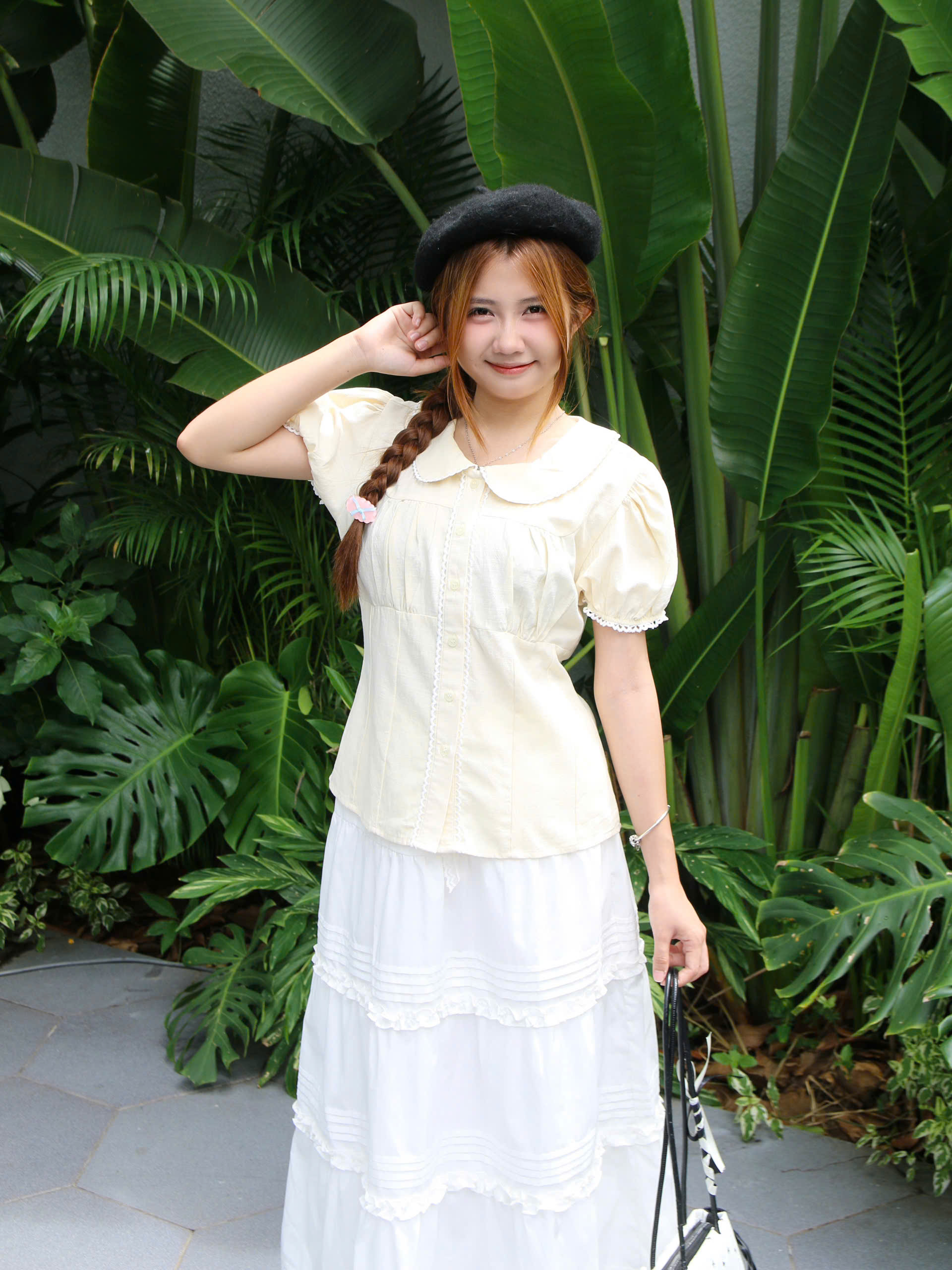 V3989 - V dài bèo xếp li lưng thun phối ren