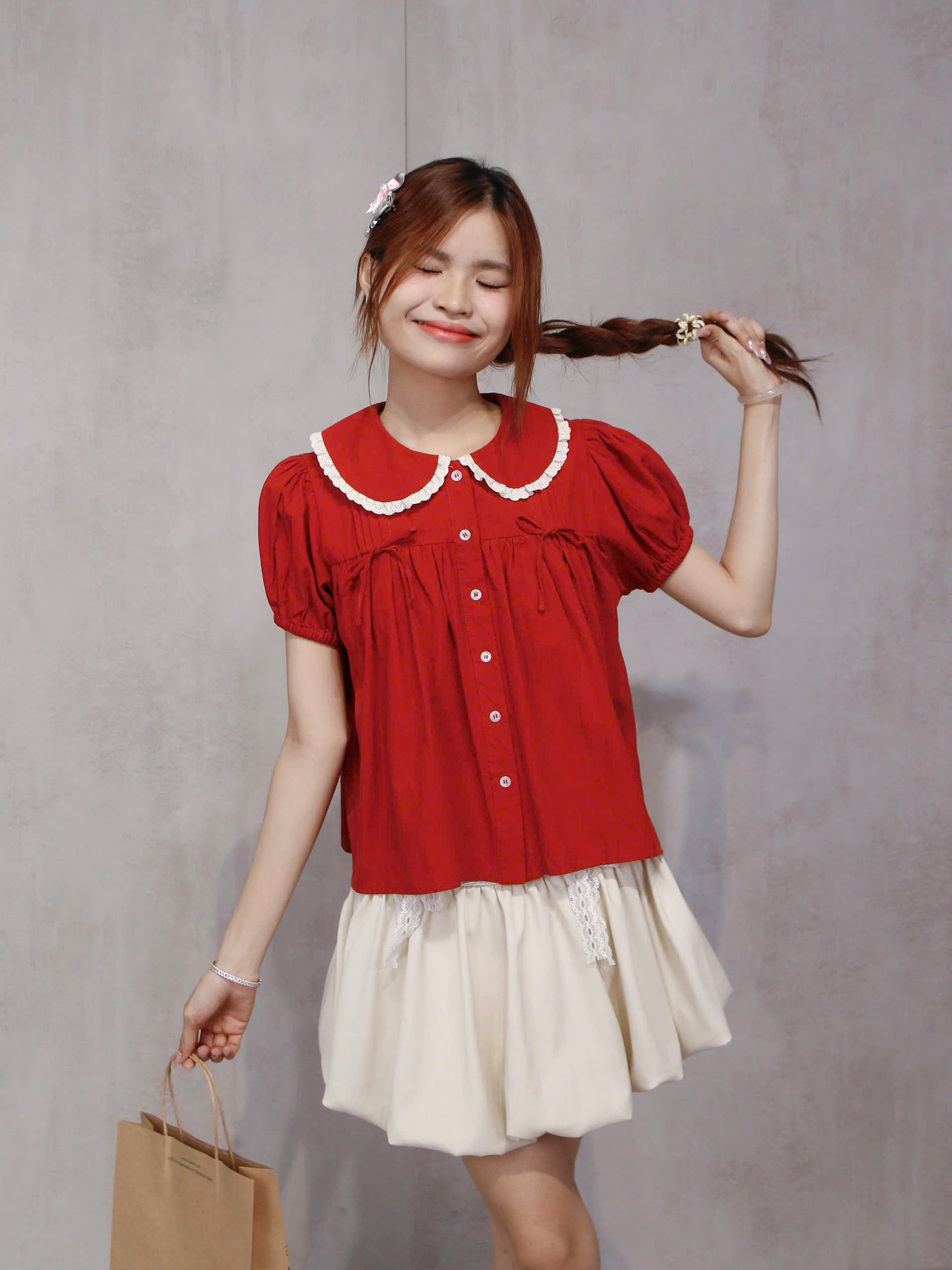 A29187 - A kiểu cổ sen xếp li đính nơ