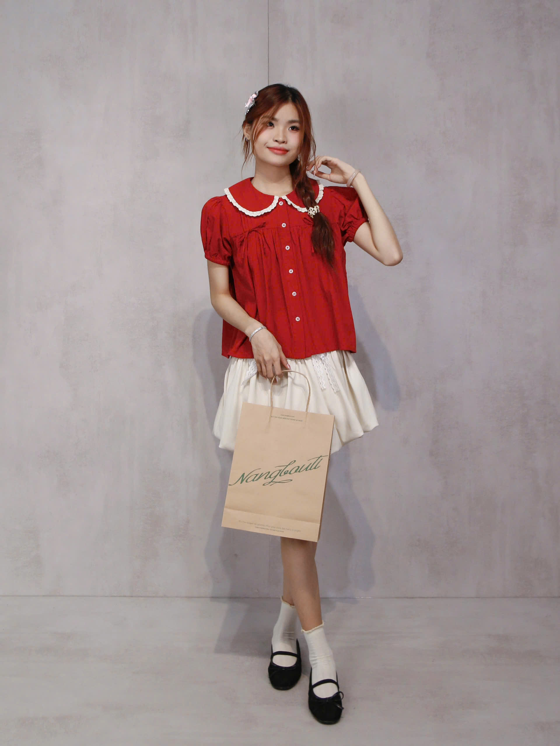 A29187 - A kiểu cổ sen xếp li đính nơ