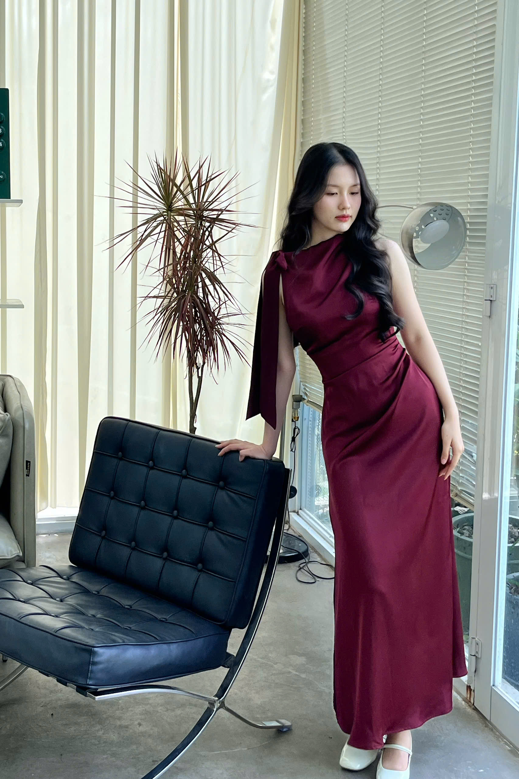 D6256- D lụa nhún eo cột nơ