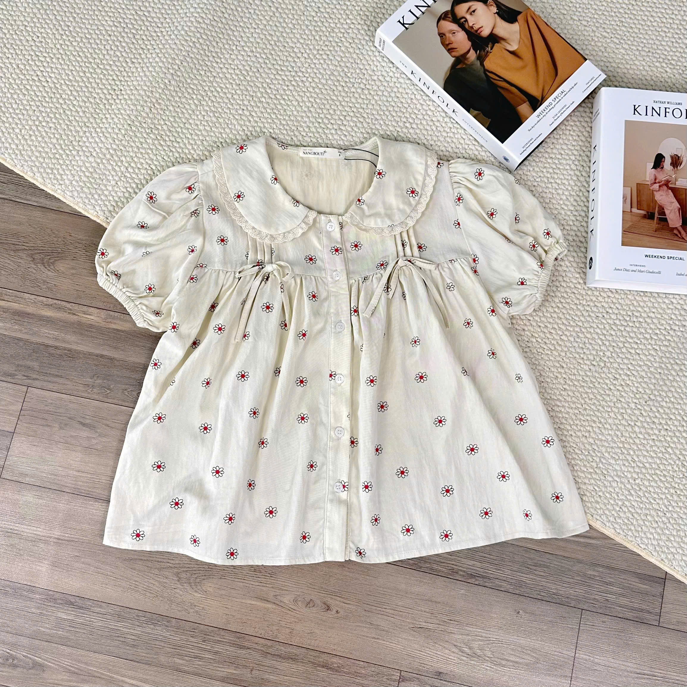 A29493 - A babydoll cổ sen phối ren đính nơ ngực
