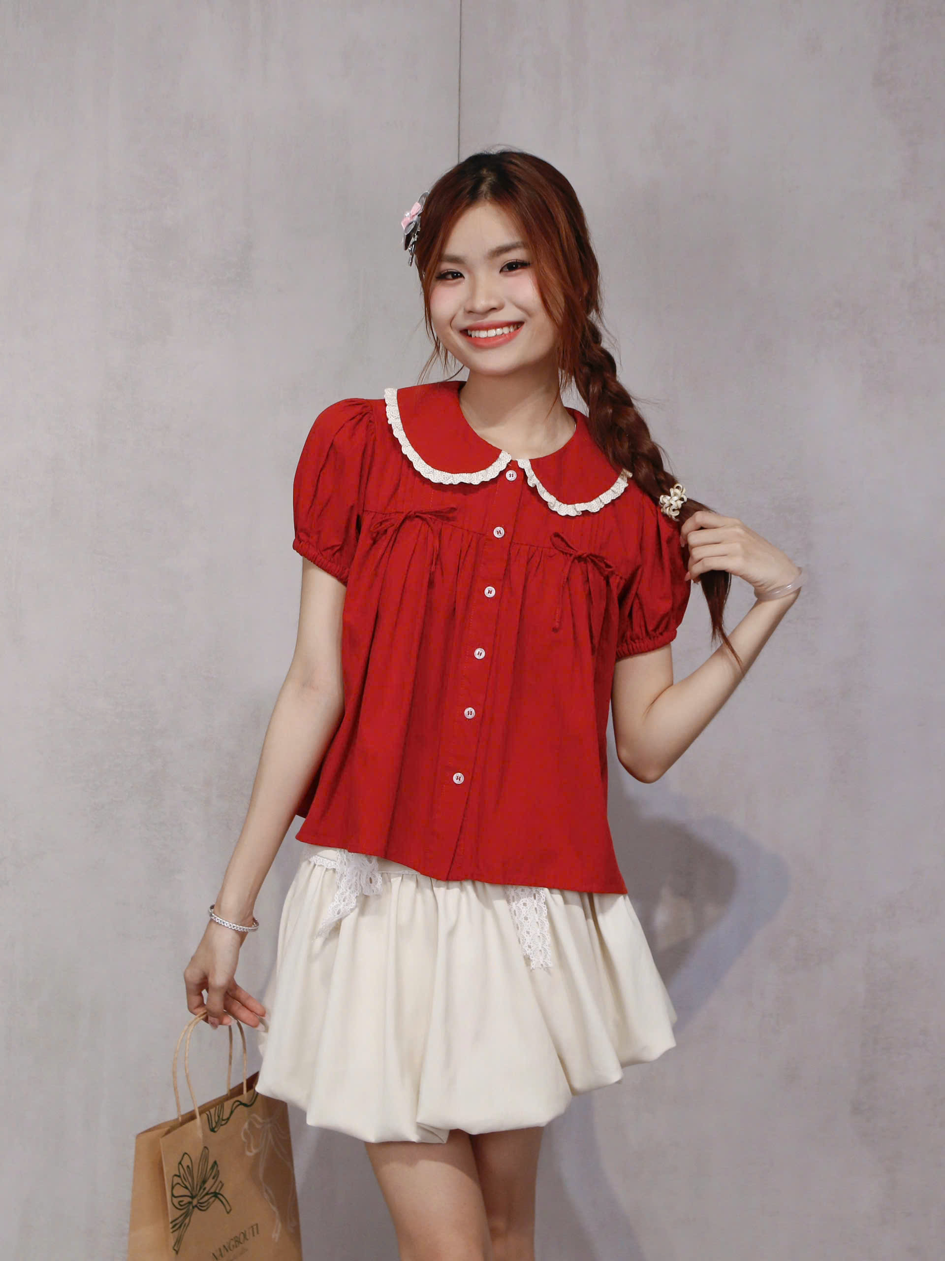 A29187 - A kiểu cổ sen xếp li đính nơ