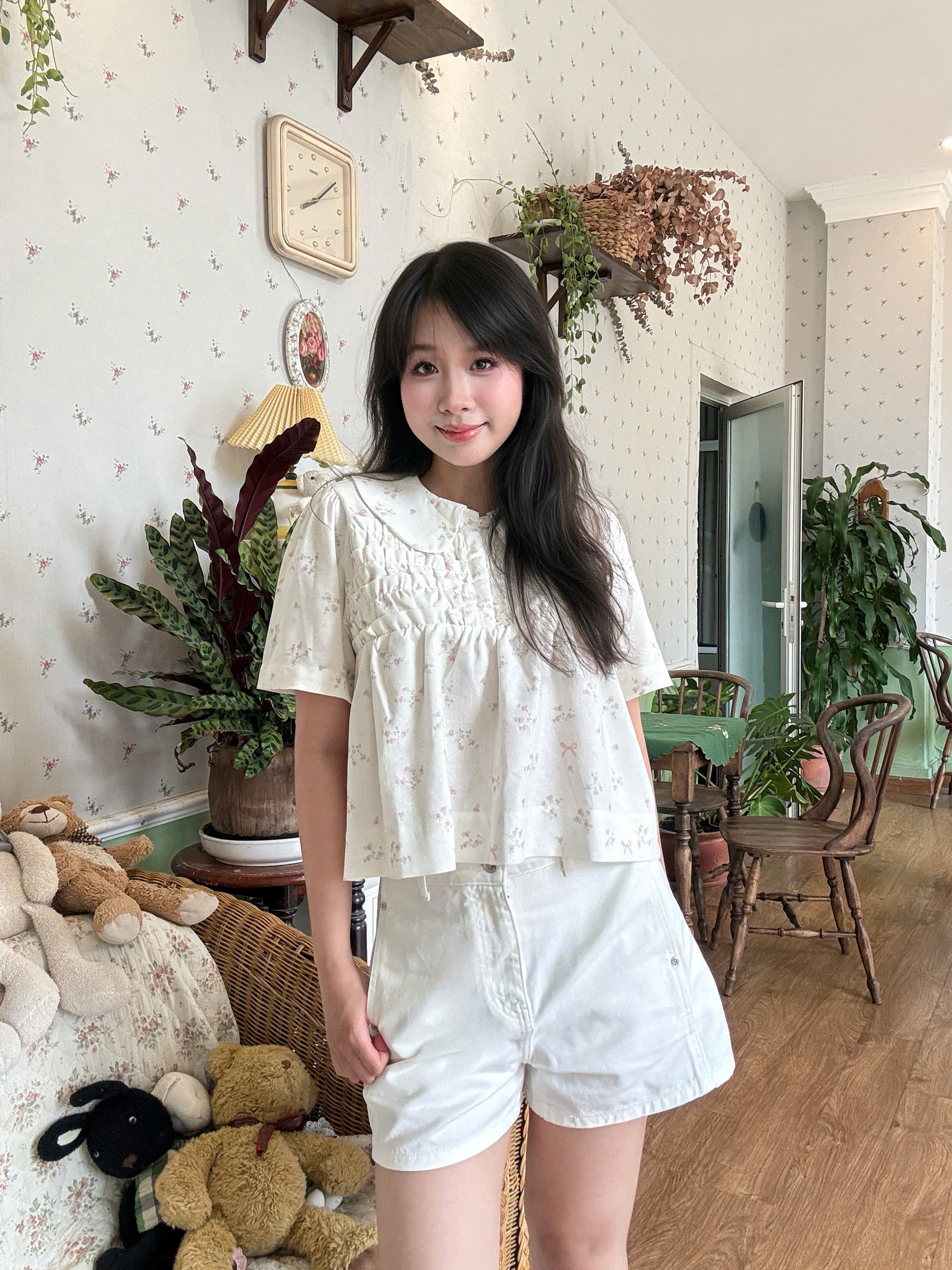 A29650 - A babydoll cổ sen nhún bèo ngực