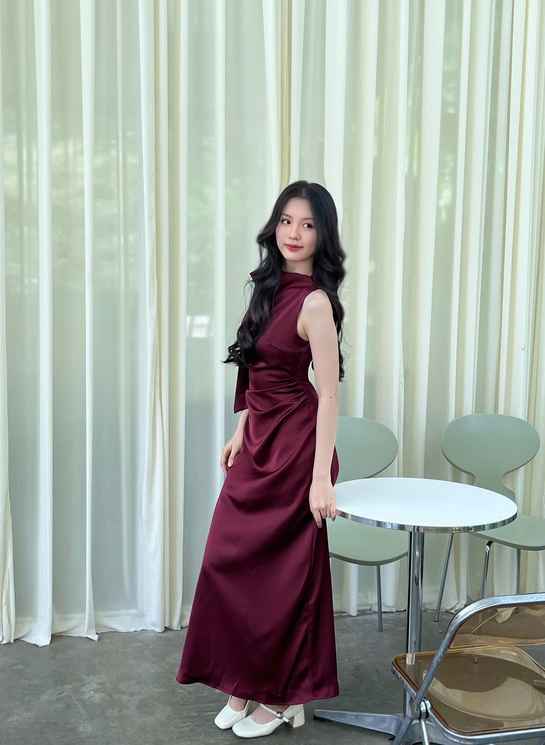 D6256- D lụa nhún eo cột nơ