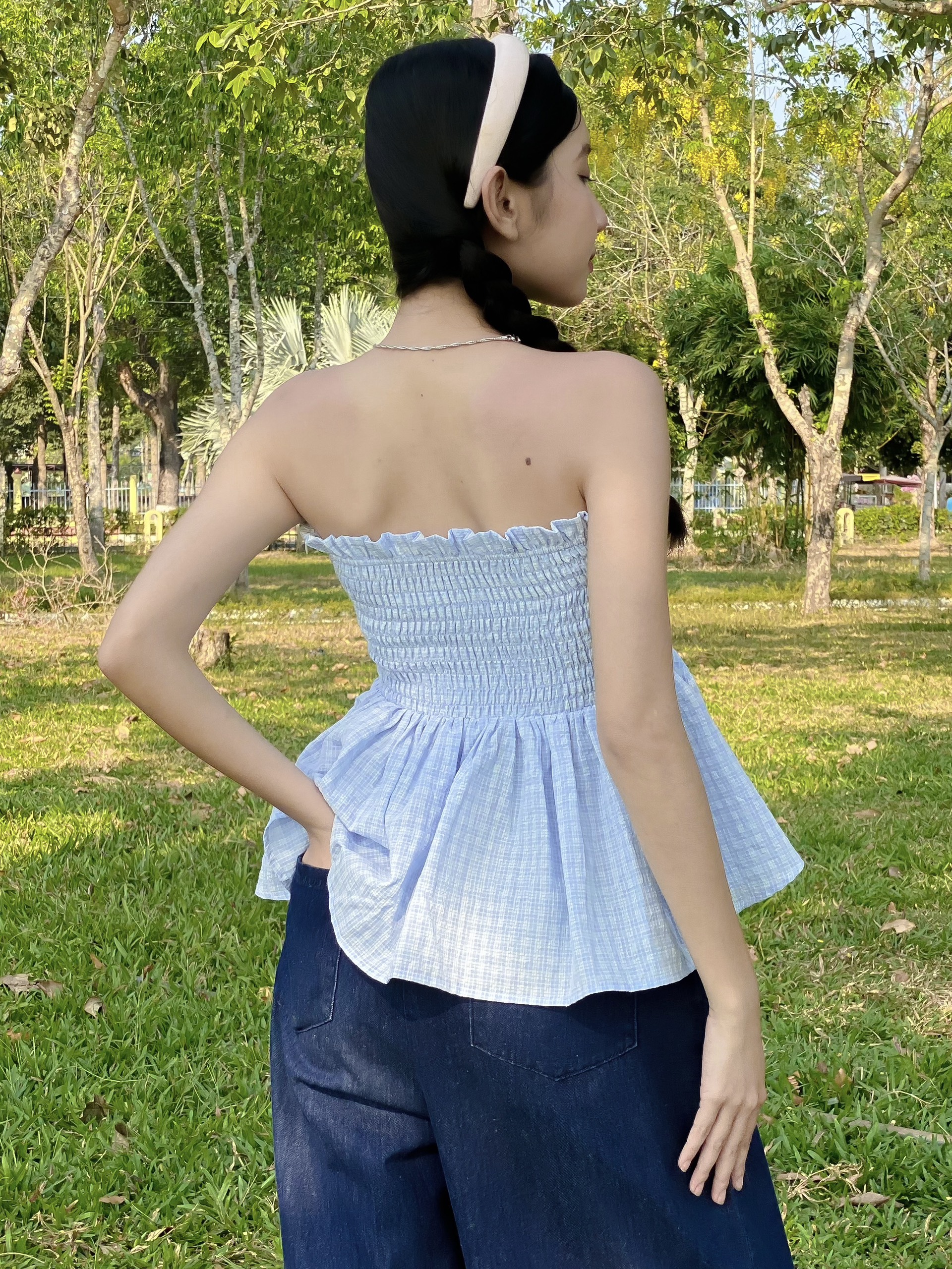 A25362 - A kiểu smocking buộc nơ 1203, caro xanh biển