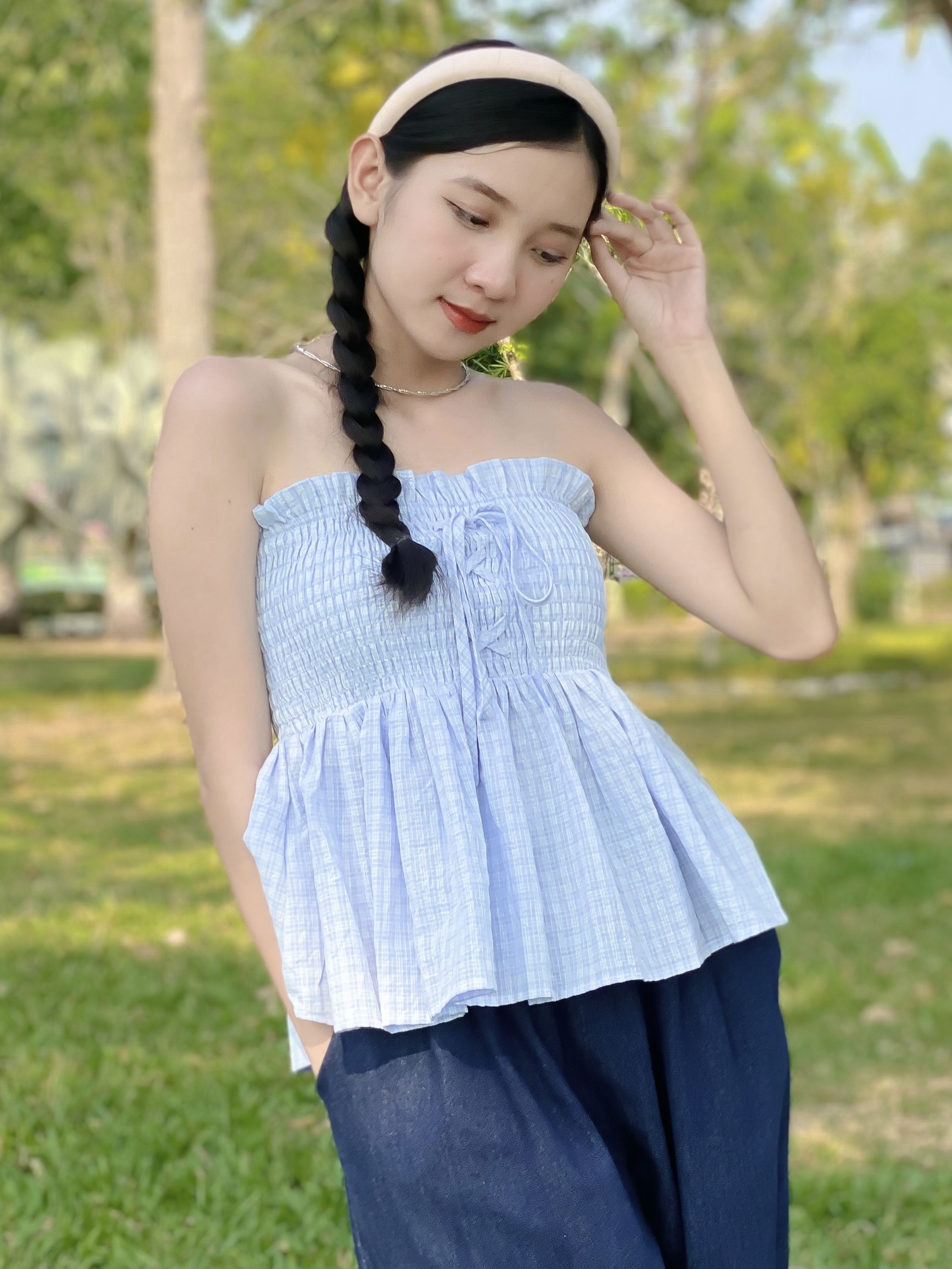 A25362 - A kiểu smocking buộc nơ 1203, caro xanh biển